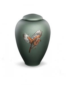 Urna funeraria de vidrio con petirrojo - verde mate, símbolo de esperanza y recuerdo