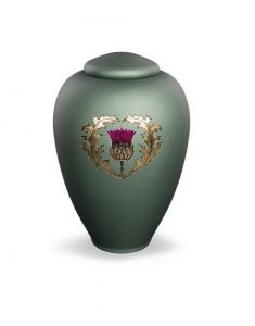 Urna funeraria de vidrio con cardo verde mate - símbolo de fuerza y protección